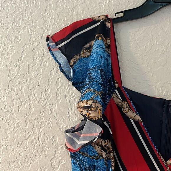 𝅺inc size 6 Blue Red Snake Belt Stripe Cold Shoulder Handkerchief Dress NWOT - Picture 3 of 5